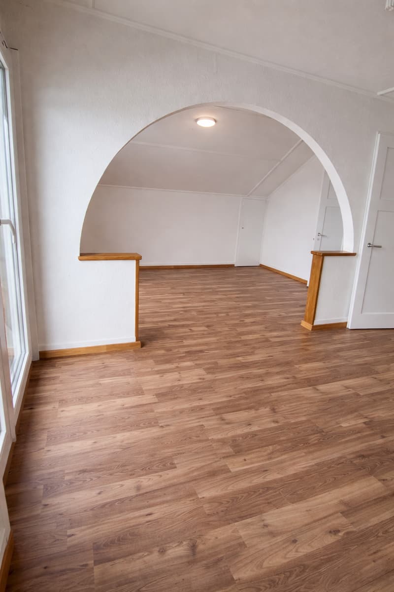 empty room, wooden floor, white walls, arched ceiling, two doors, large window