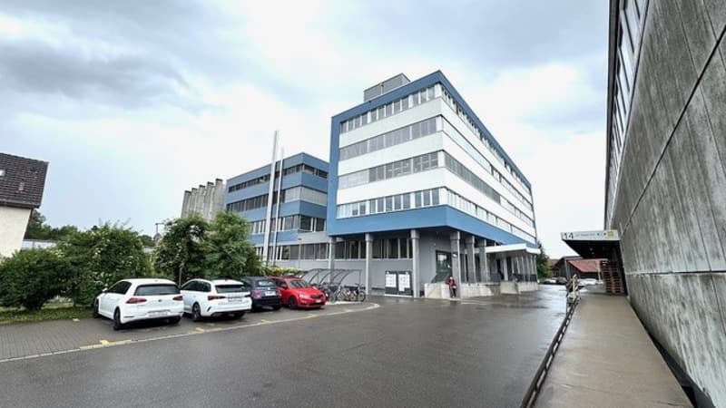 Office building, 3 stories, blue and white, cars parked in front, trees, sidewalk