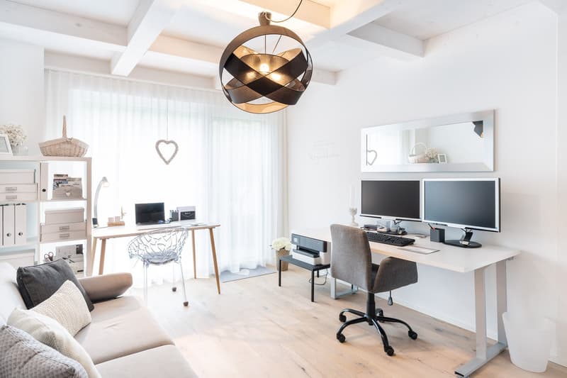 modern office setup with desk, computer, chair, printer, shelves, couch, and decorative items