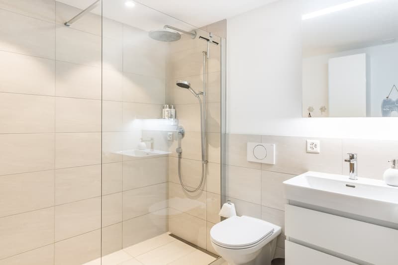modern bathroom with shower, toilet, sink, and mirror