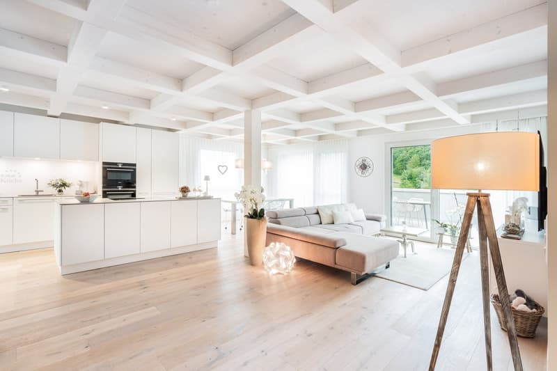 open plan living room and kitchen, white cabinets, wooden floor, large windows, balcony, modern decor