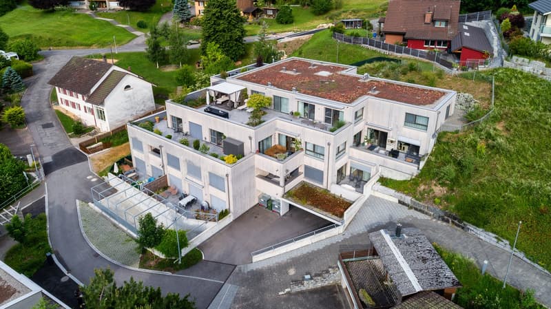 3 story house, raised ground floor, multiple balconies, green roof, parking area