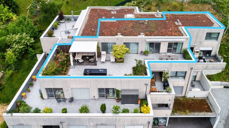 3 story house, gray exterior, green roof, multiple terraces, outdoor seating, garden, storage shed, pool
