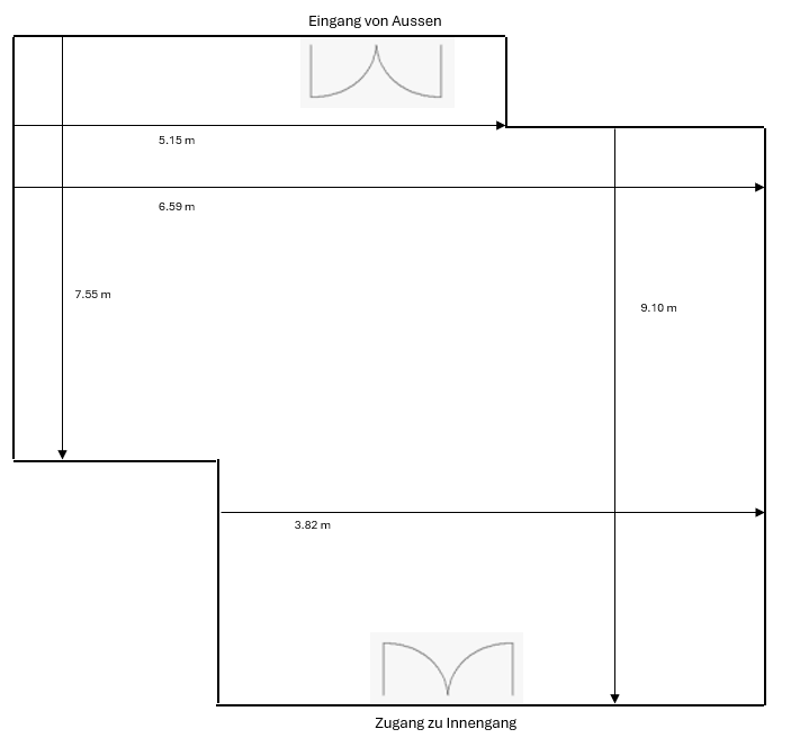 The image shows a floor plan with the following rooms and dimensions:- Entrance from outside: 5.15 m wide- Entrance to interior: 3.82 m wide- Depth of the space: 7.55 m- Total depth of the space: 9.10 m
