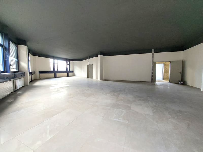 Empty room, white tiled floor, white walls, gray ceiling, windows, radiators, door