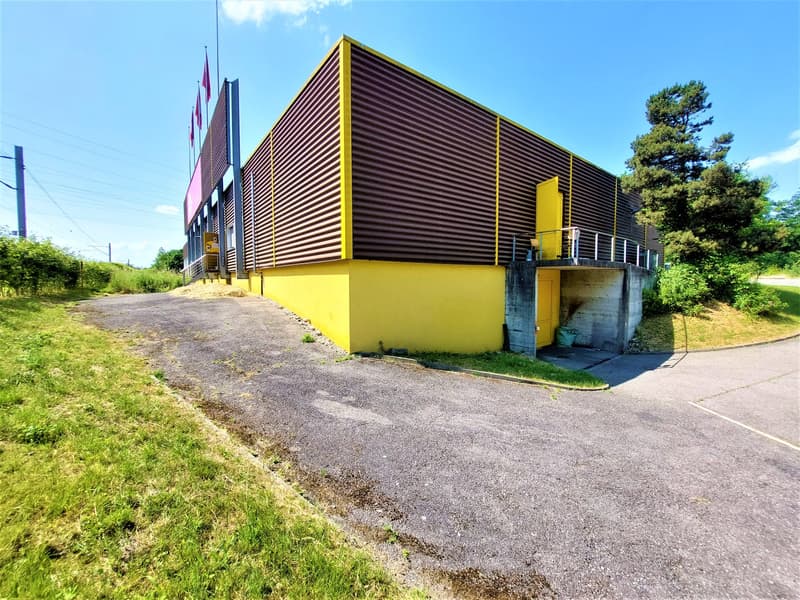 Yellow building, with a yellow garage entrance at the bottom, a large billboard above it, and metal siding.
