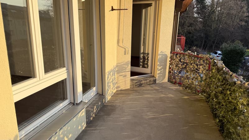 Balcony with glass doors, railing, window, access to inside, garden view