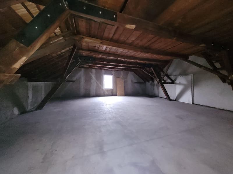 empty attic room with wooden beams, concrete floor, small window, door