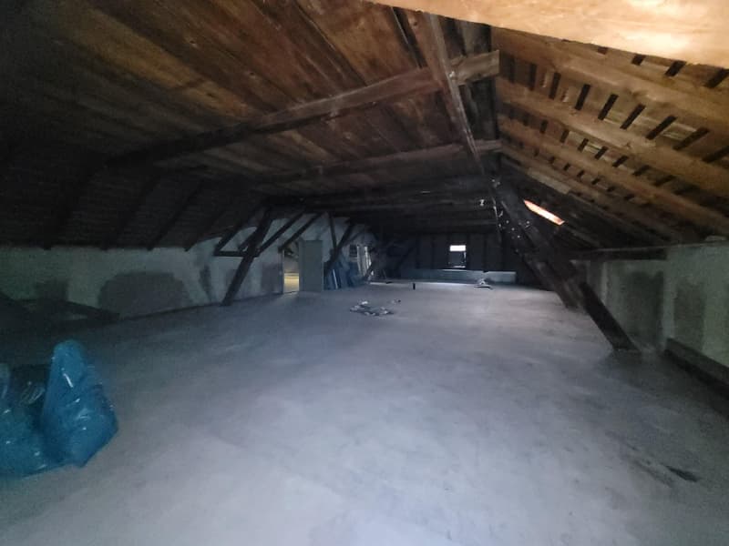 empty attic room, wooden beams, concrete floor, no windows
