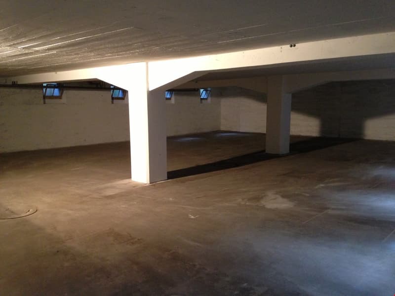 concrete floor, white walls, high ceiling, three windows