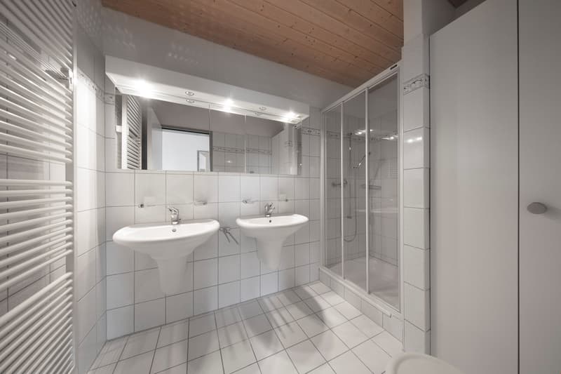 modern bathroom with two sinks, shower, and a toilet