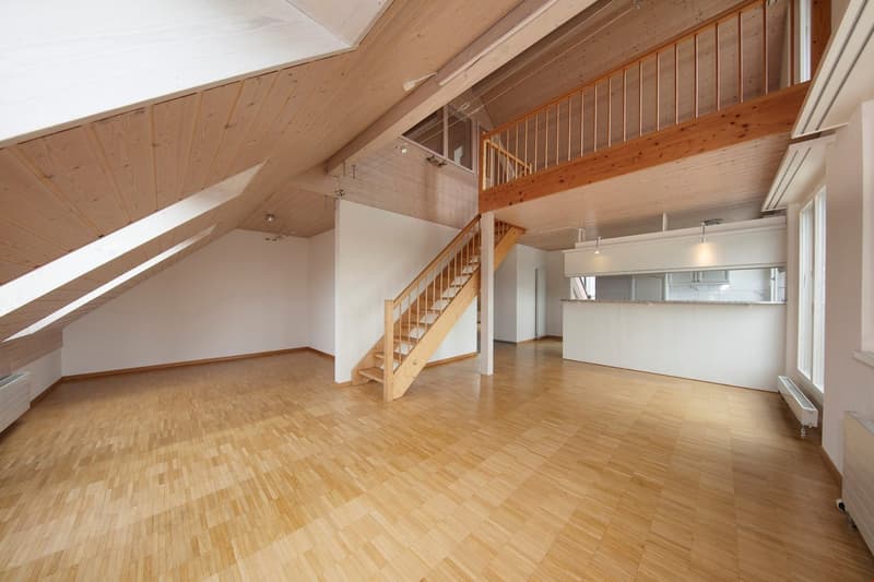 wooden floor, wooden stairs, wooden ceiling, white walls, kitchen area