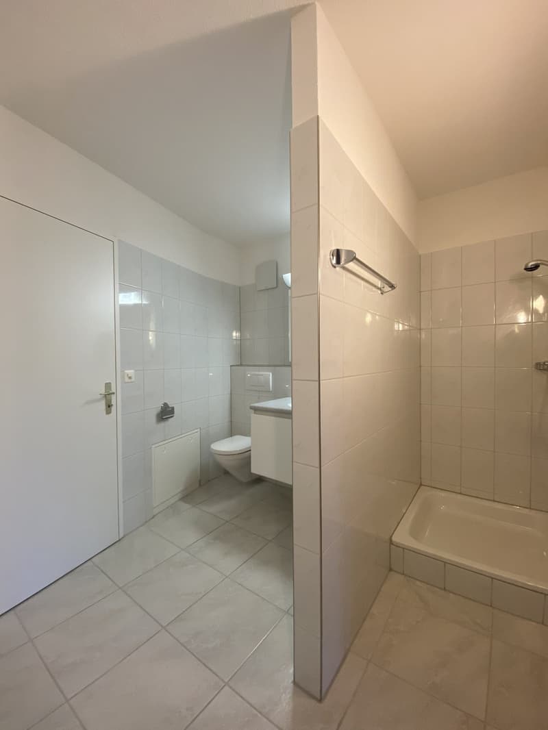 Bathroom with white tiles, toilet, sink, shower, bathtub, towel rack