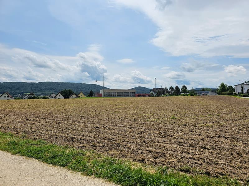 Large open field, with several houses in the background, and hills in the distance, under a cloudy sky
