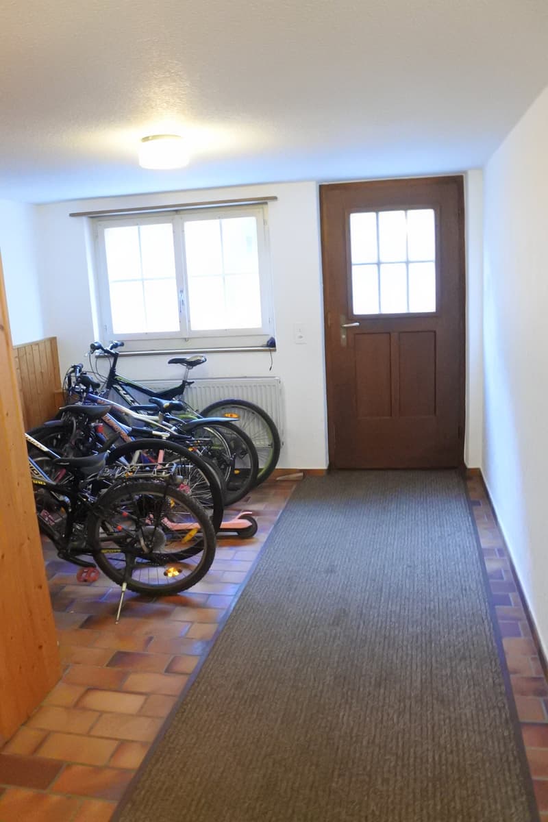 room with bicycles, door, window, radiator, rug