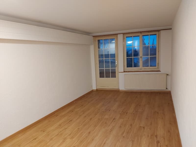 wooden floor, white walls, glass door, windows, radiator