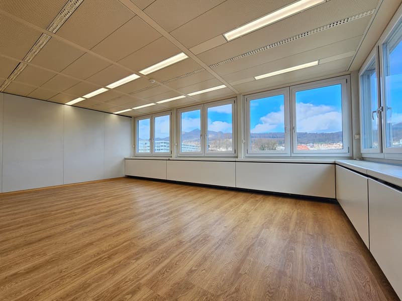 empty room, wooden floor, white walls, large windows, ceiling lights