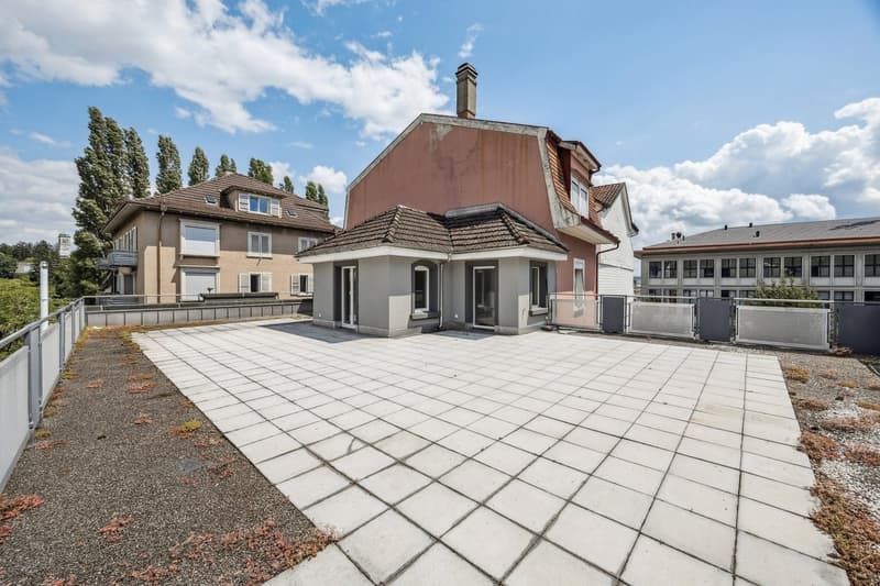 raised ground floor house, brown roof, balcony, fence