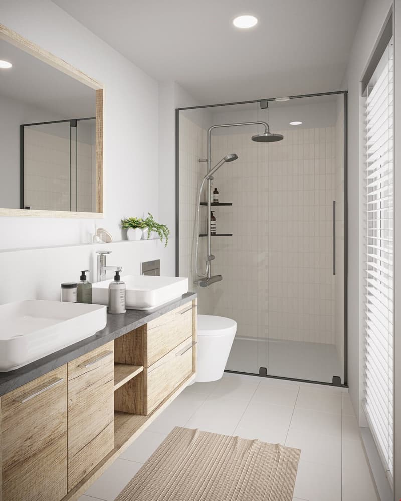 Modern bathroom with white walls, wood vanity, vessel sink, large glass shower enclosure, and recessed lighting.