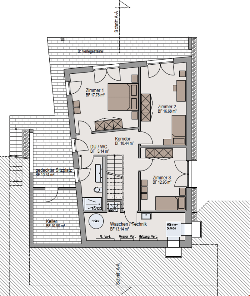 The floor plan shows a 3-bedroom apartment with a living room, kitchen, bathroom, and laundry room. The apartment has a balcony or terrace, and includes a washing machine and dishwasher as visible features.