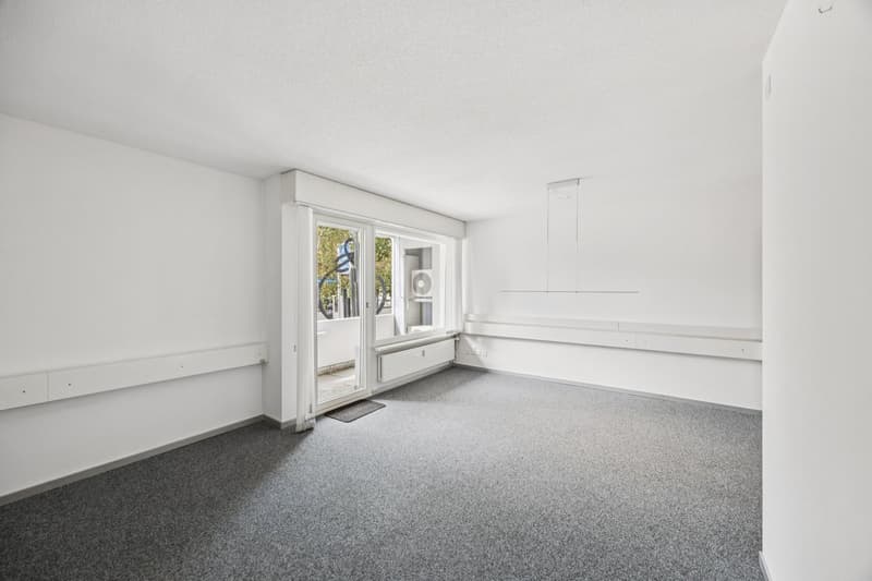 empty room, white walls, gray carpet, sliding glass door, air conditioning unit