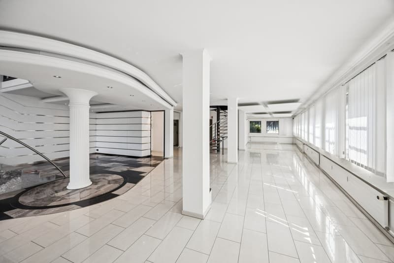 white tiled floor, white walls, white ceiling, white pillars, white windows, spiral staircase