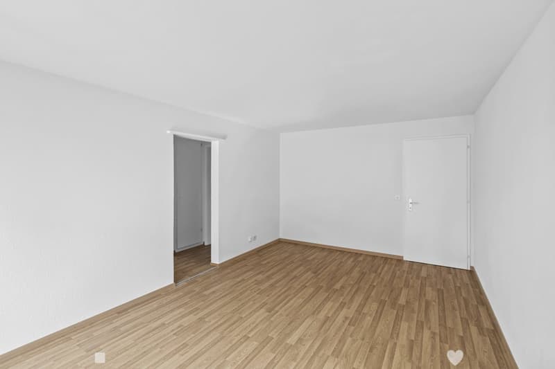 empty room, wooden floor, white walls, two doors