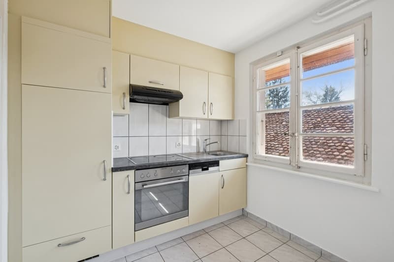 modern kitchen with white tiles, stainless steel appliances, cabinets, sink, window
