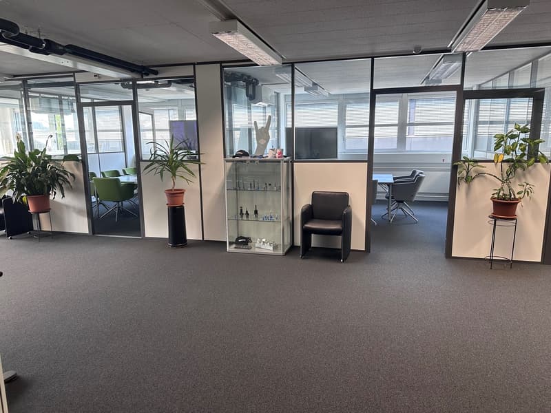 The image shows an open office space with glass partitions, comfortable seating areas, and various office equipment and decor. The space appears to be well-lit and organized, with plants and other decorative elements adding to the professional yet modern
