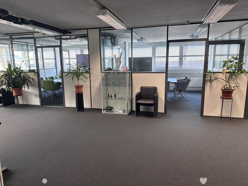 The image shows an open office space with glass partitions, comfortable seating areas, and various office equipment and decor. The space appears to be well-lit and organized, with plants and other decorative elements adding to the professional yet modern
