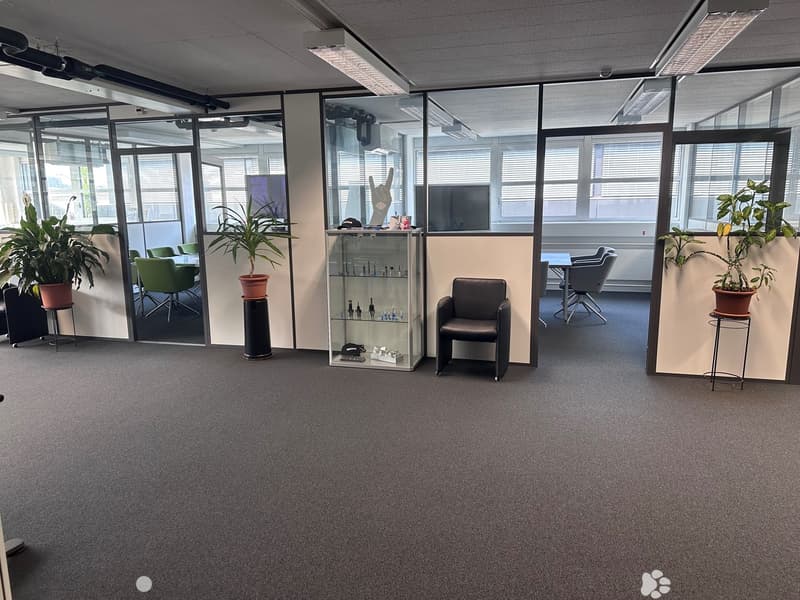 The image shows an open office space with glass partitions, comfortable seating areas, and various office equipment and decor. The space appears to be well-lit and organized, with plants and other decorative elements adding to the professional yet modern