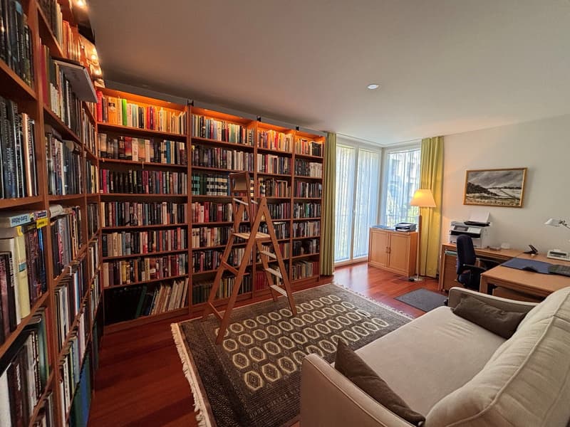 A room with bookshelves, a wooden ladder, carpet, a desk, a chair, and a printer.