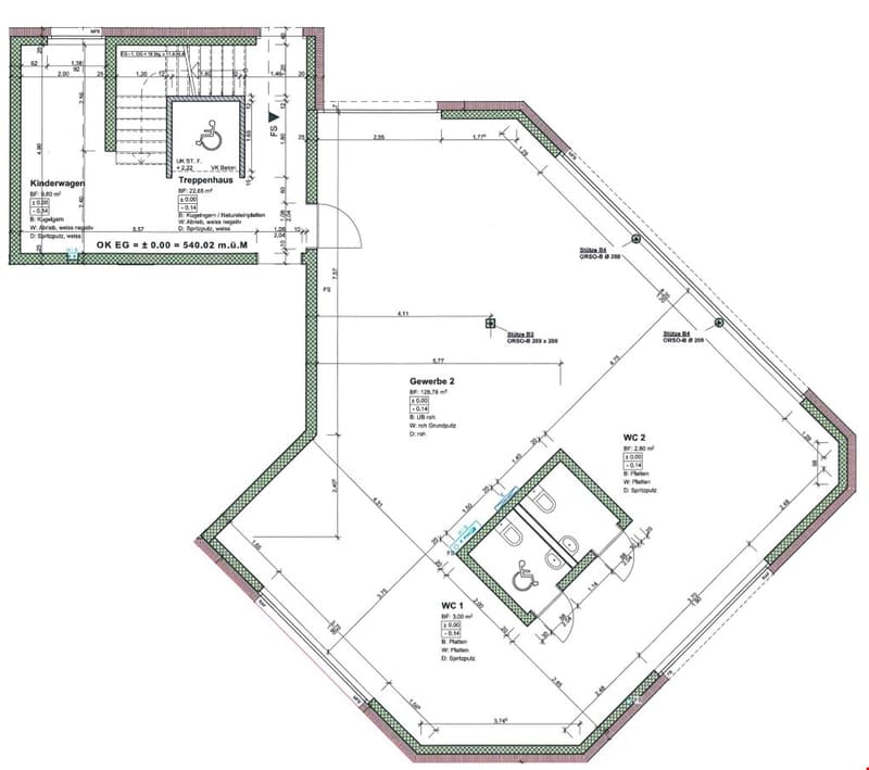 The image shows a floor plan with a Kinderwagen (children's room), Treppenhaus (staircase), Gewerbe 2 (commercial space 2), WC 1, and WC 2.