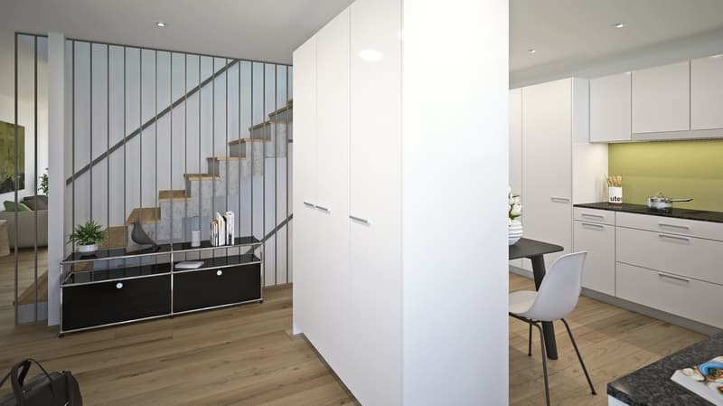 The image shows an open concept living space with a kitchen, dining area, and living room. The space features a modern, minimalist design with white walls, hardwood floors, and a metal staircase. The kitchen has white cabinets and a black countertop, and