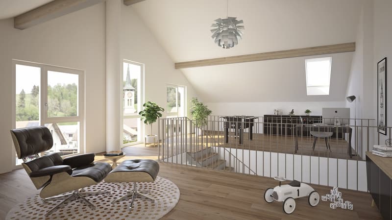Spacious open-concept living room with high ceilings, large windows, wooden beams, and a modern chandelier. The room features a comfortable leather sofa and chair, a round patterned rug, and a wooden coffee table. There is also a balcony or terrace visibl