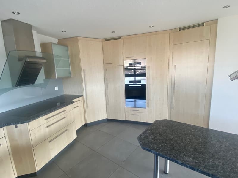 Modern kitchen with wooden cabinets, granite countertop, stainless steel appliances including oven and dishwasher, granite floor, under-cabinet lighting