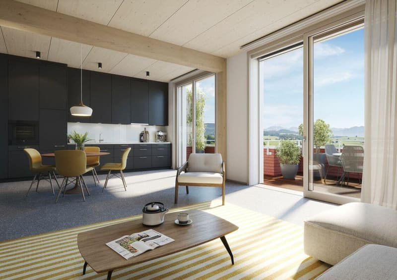 Visualisierung Küche, Wohnen, Terrasse
