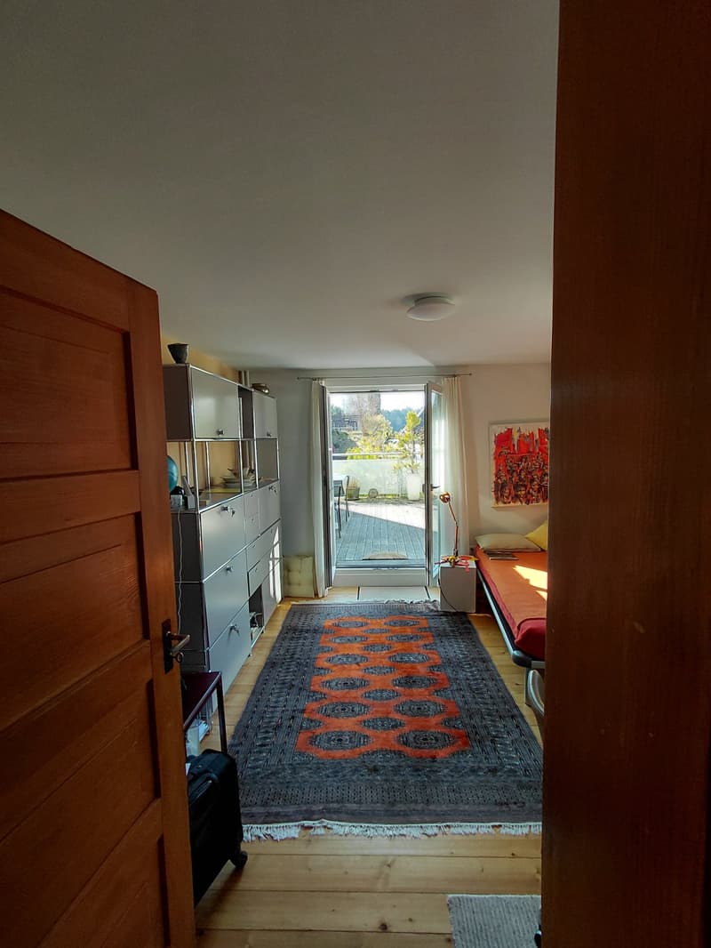 a living room with wooden flooring, a rug, a wooden bed with pillows, a lamp, and a shelf with drawers, an open door leading to a balcony, and a ceiling light