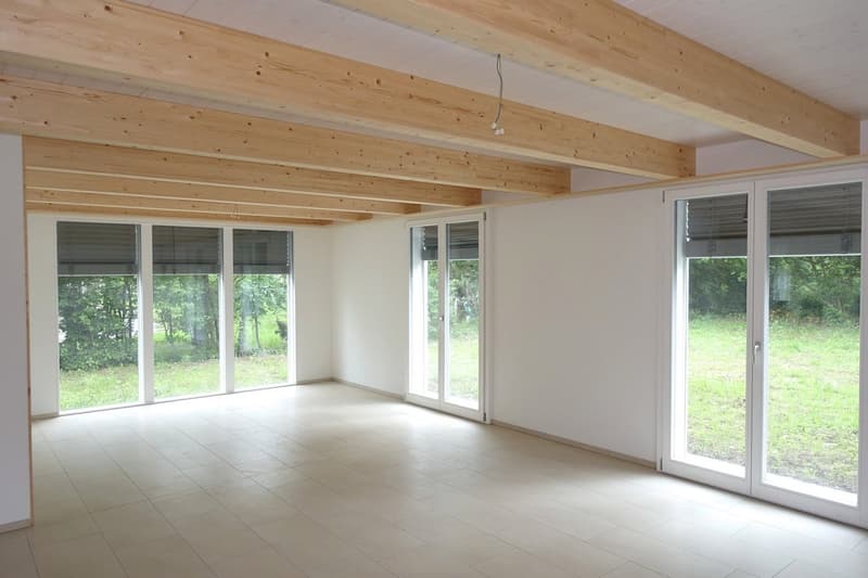 empty room, large glass doors, wooden ceiling, tiled floor