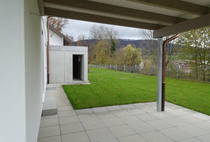 Blick vom Sitzplazt zur Garage, hinten die Gisliflue