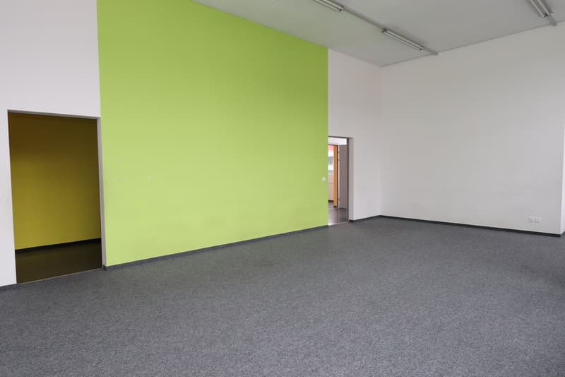 An empty room with a lime green wall and a gray floor.