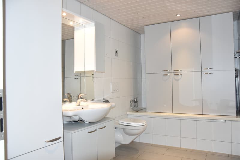 white walls, white tiles, large mirror, sink, bathtub, toilet, modern fittings