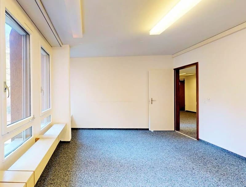 Empty room with white walls, blue carpet, white ceiling, white doors, large windows with white frames.