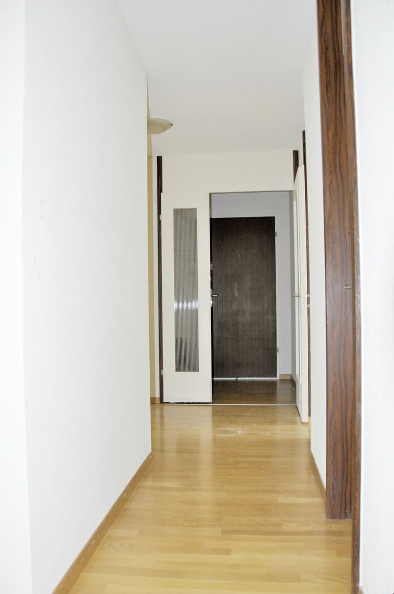 Empty hallway with white walls, wooden floor, two doors, one with glass panel