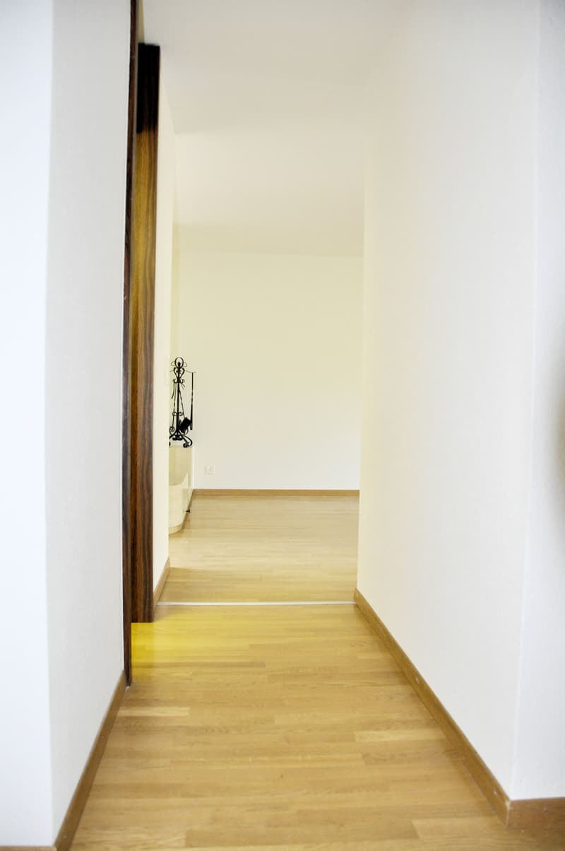 Empty hallway with wooden floor and white walls