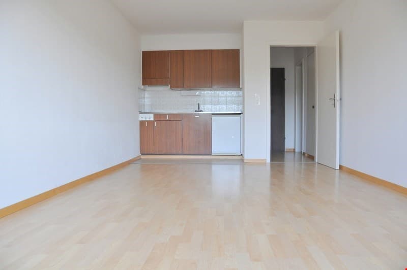 empty room, wooden floor, white walls, wooden cabinets, dishwasher, sink, kitchen area