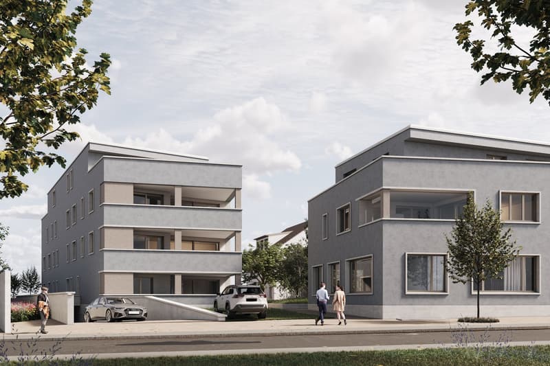 two story residential buildings, grey facade, balcony, car parked on street