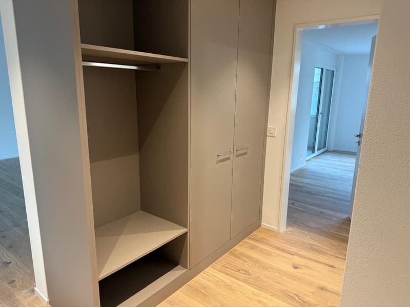 walk-in closet with shelves and hanging rack, hardwood floor, open door leading to another room