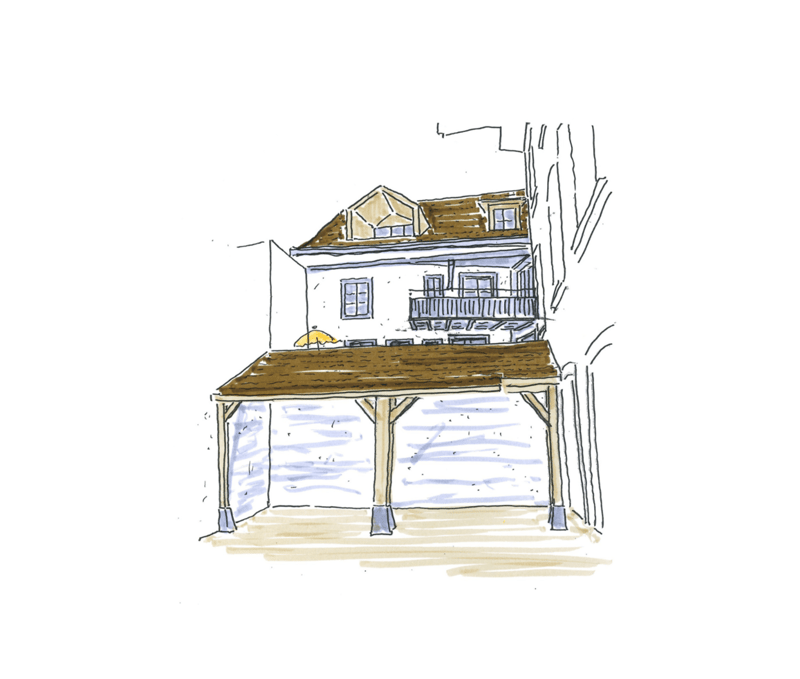 Single story house, raised ground floor, garage, balcony