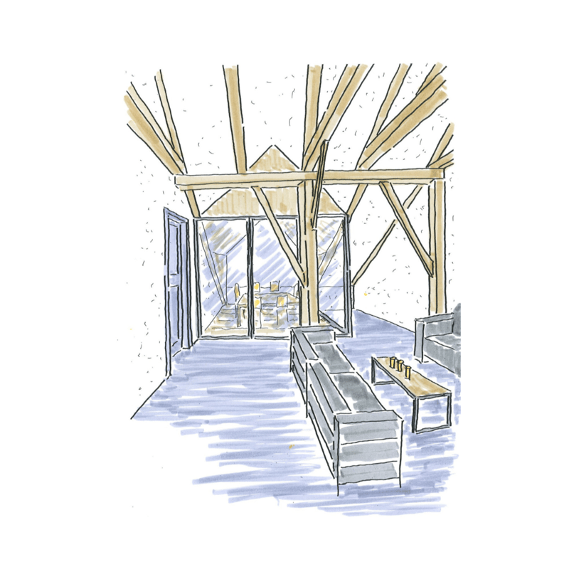wooden beams, wooden floor, large window, sofa, table